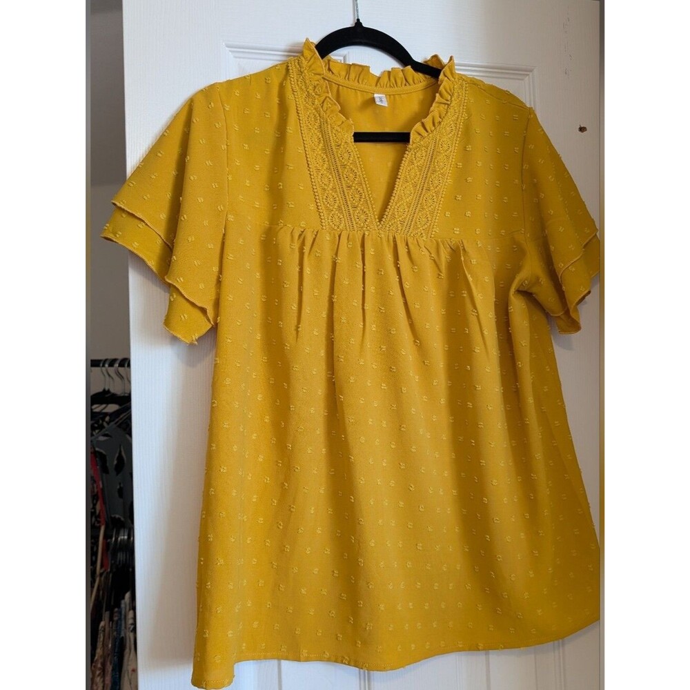 Falechay Women's Boho Mustard Yellow Ruffle V-Neck Blouse Lace Trim Size Med